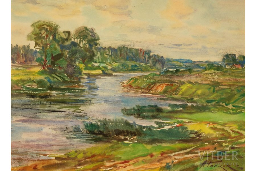 Pankoks Arnolds (1914-2008), Landscape with river, paper, water colour, 35 x 48 cm